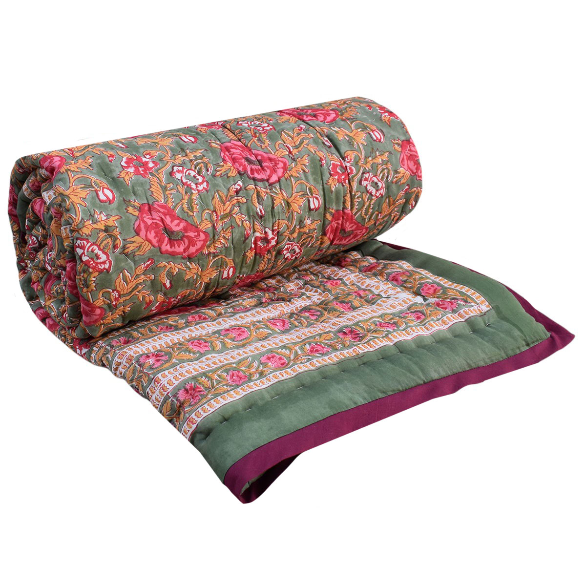 Hand Block Printed Cotton Twin Size Quilt  Pink Flower Bloom 251202