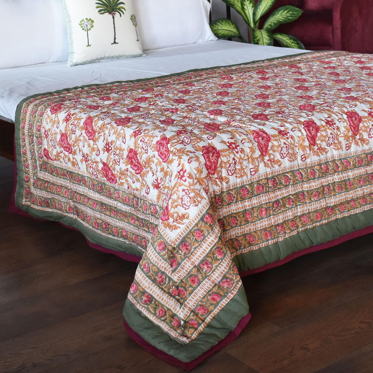 Hand Block Printed Cotton Twin Size Quilt  Pink Flower Bloom 251202