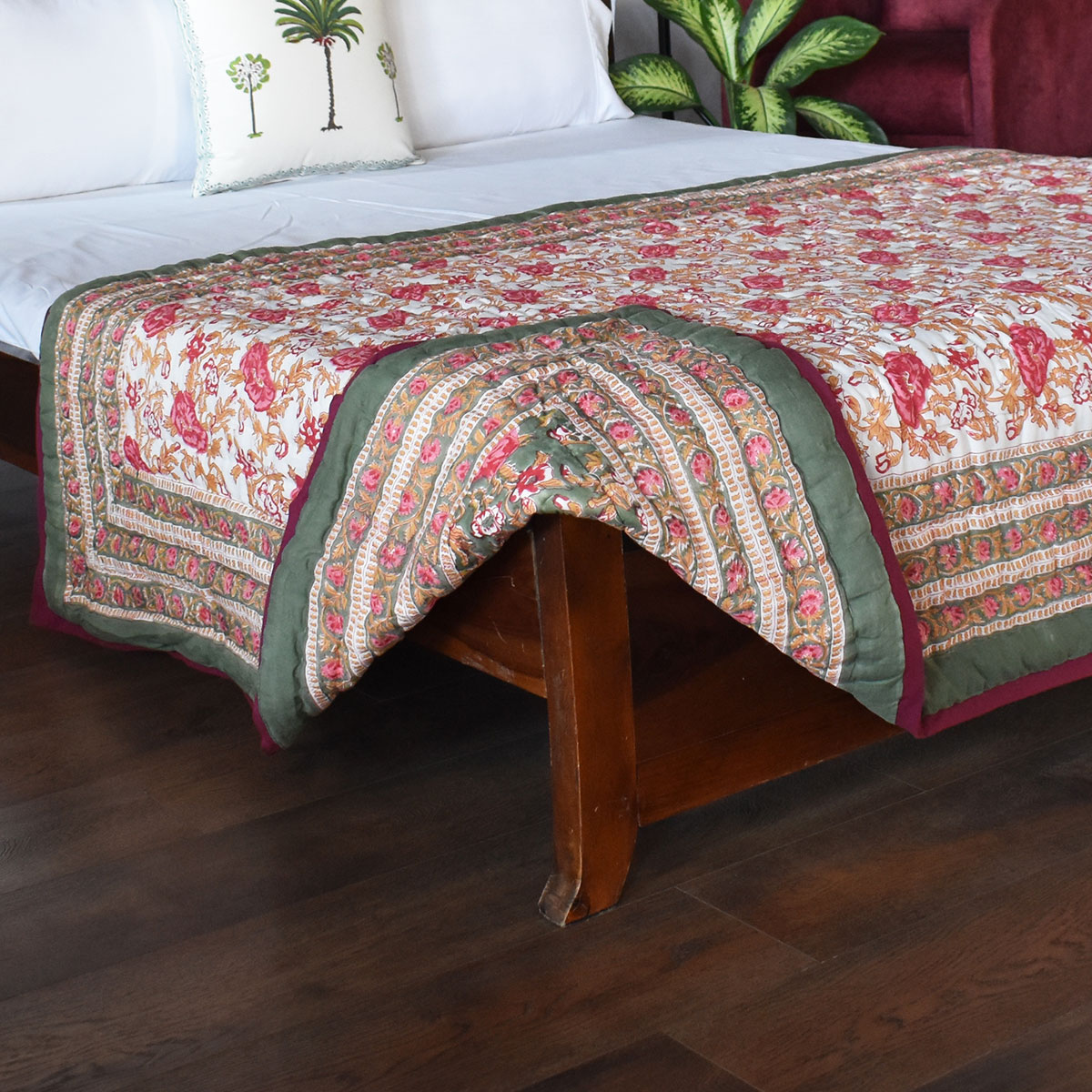 Hand Block Printed Cotton Twin Size Quilt  Pink Flower Bloom 251202