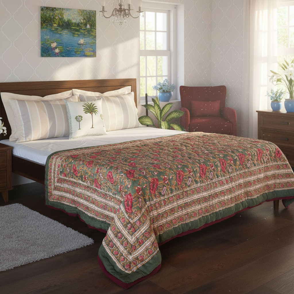 Hand Block Printed Cotton Twin Size Quilt Pink Flower Bloom 251202