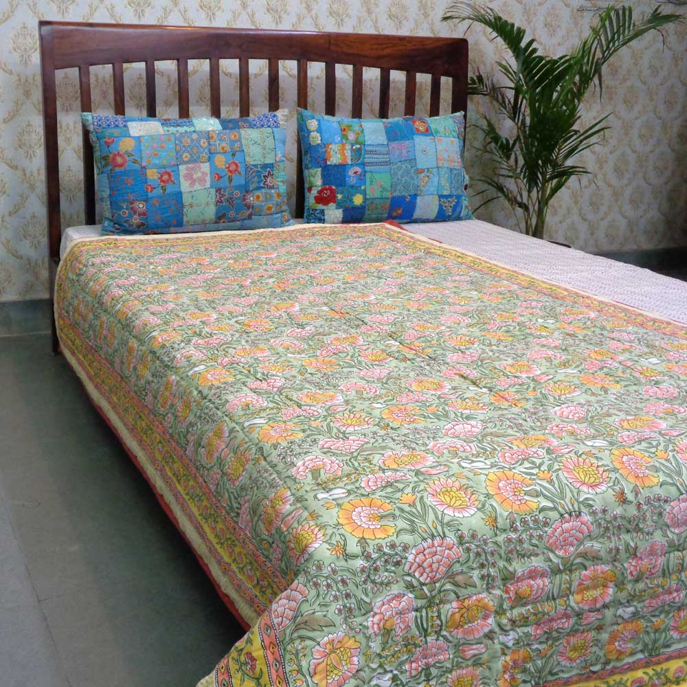 Hand Block Printed Cotton Twin Size Quilt Reshma Sea Green 206148