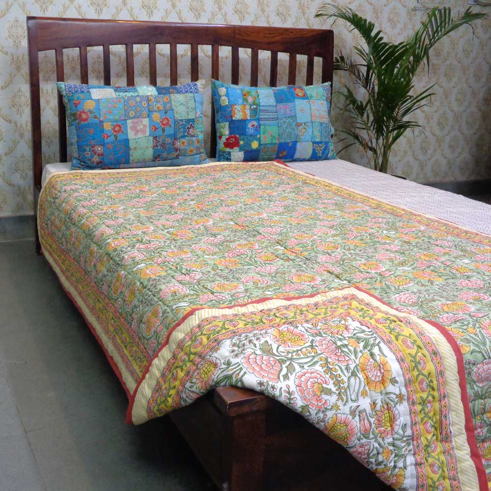 Hand Block Printed Cotton Twin Size Quilt Reshma Sea Green 206148