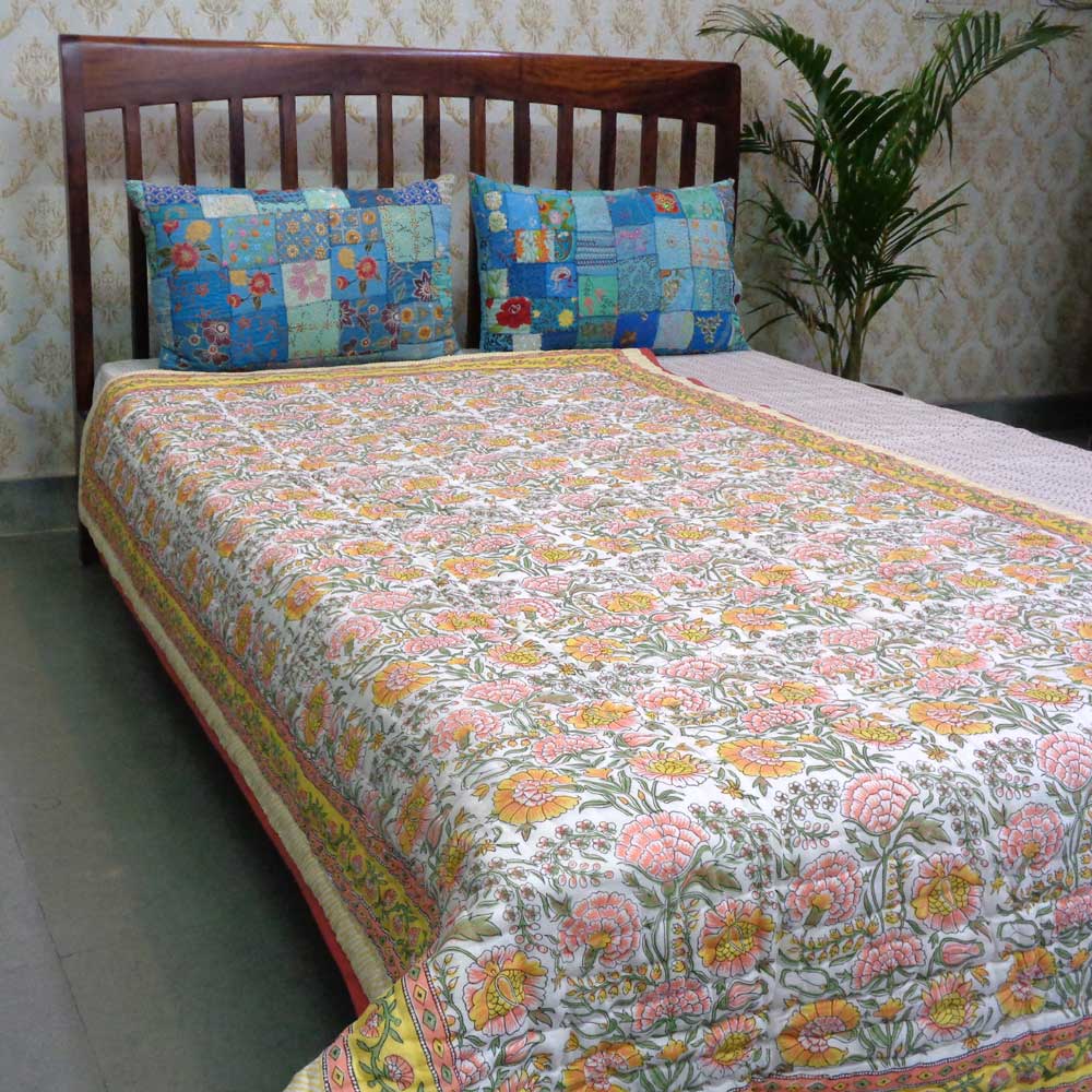 Hand Block Printed Cotton Twin Size Quilt Reshma Sea Green 206148