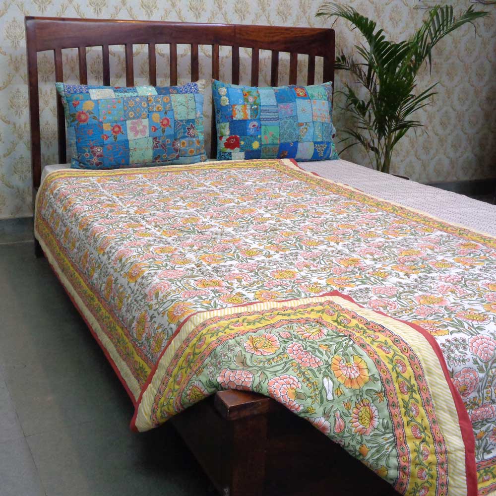 Hand Block Printed Cotton Twin Size Quilt Reshma Sea Green 206148