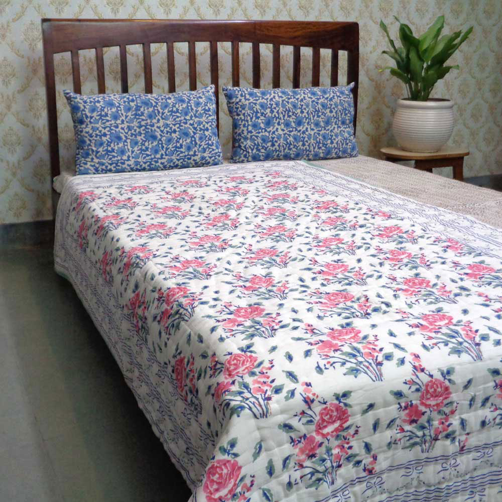 Hand Block Printed Cotton Twin Size Quilt Roseline Pink 101834