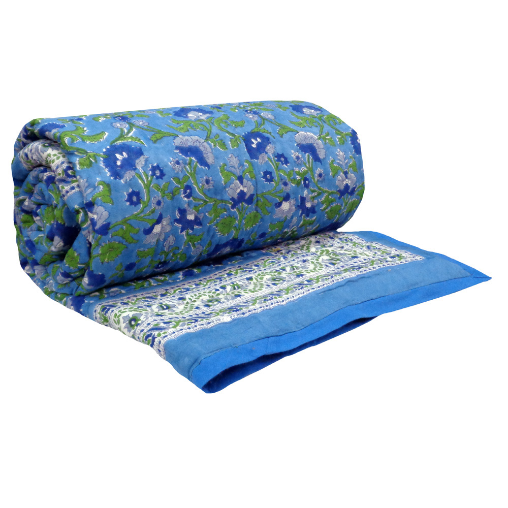 Hand Block Printed Cotton Twin Size Quilt Rukhsana Blue 102436