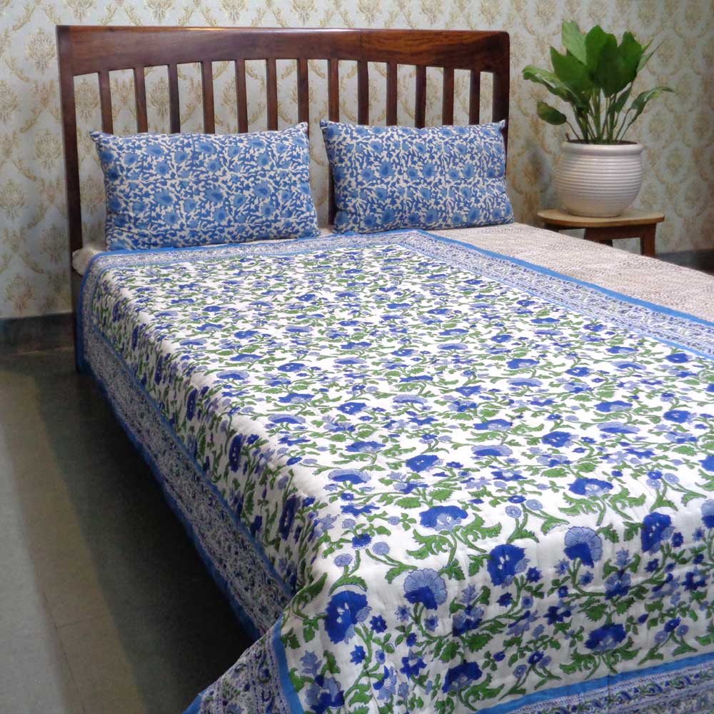 Hand Block Printed Cotton Twin Size Quilt Rukhsana Blue 102436