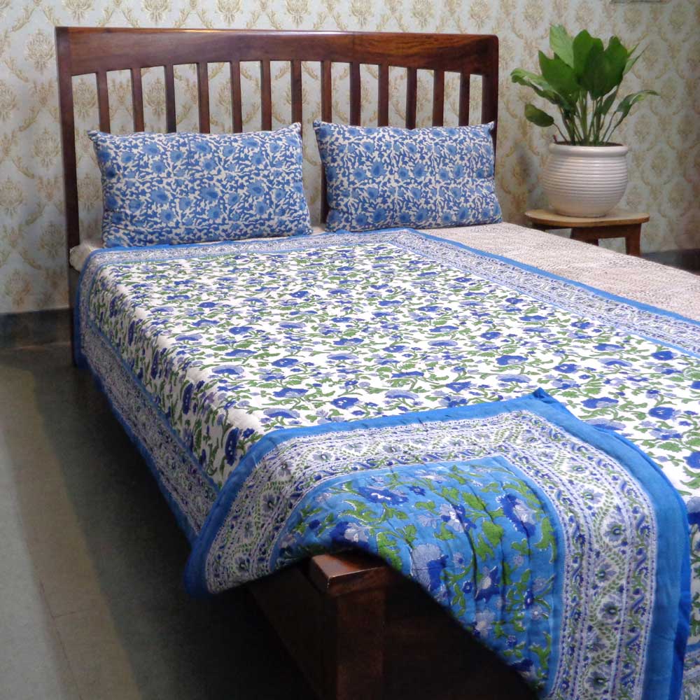 Hand Block Printed Cotton Twin Size Quilt Rukhsana Blue 102436