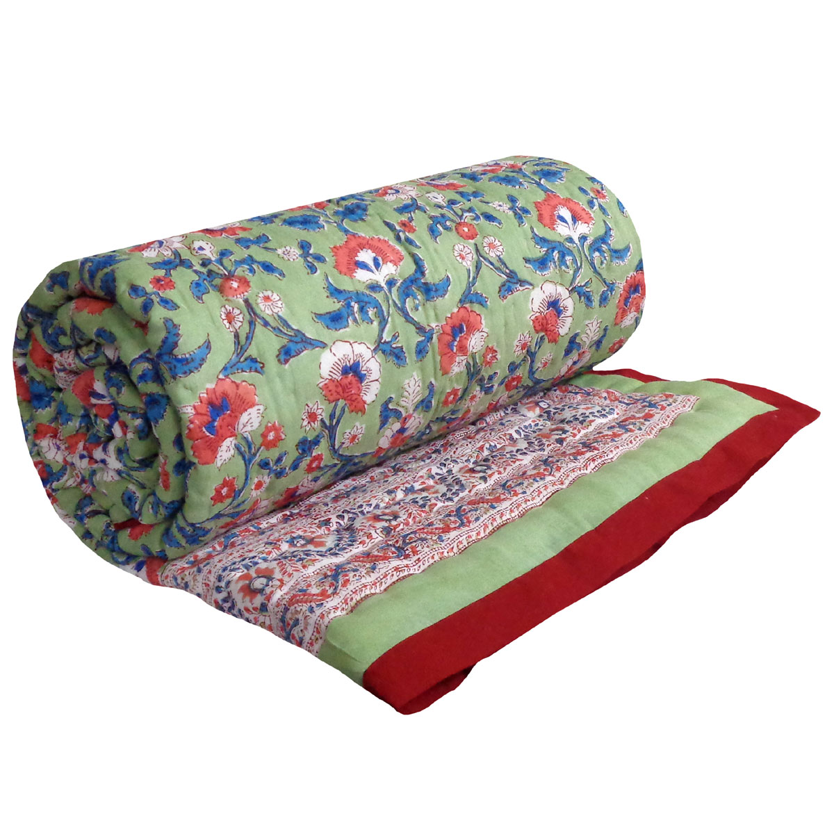 Hand Block Printed Cotton Twin Size Quilt Rukhsana Jade Gud 204222