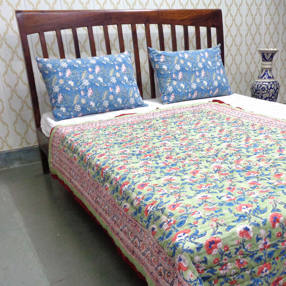 Hand Block Printed Cotton Twin Size Quilt Rukhsana Jade Gud 204222