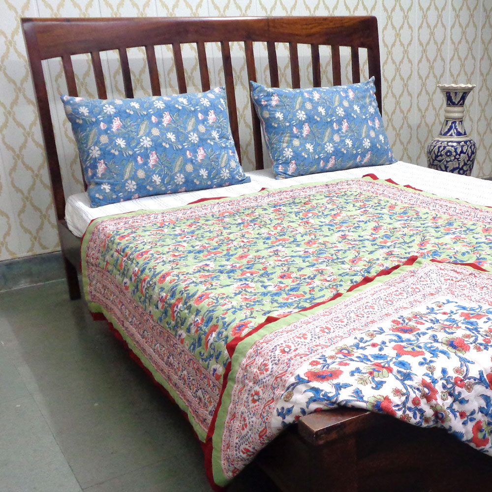 Hand Block Printed Cotton Twin Size Quilt Rukhsana Jade Gud 204222