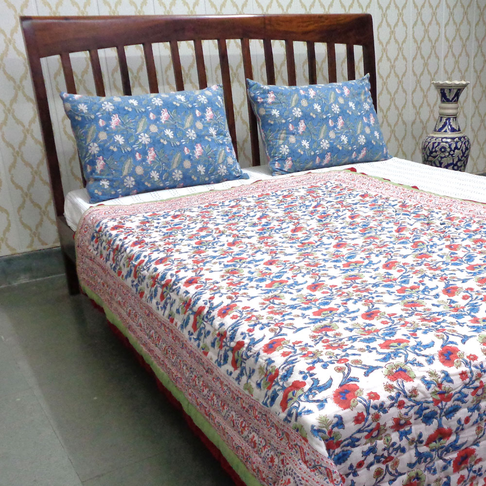 Hand Block Printed Cotton Twin Size Quilt Rukhsana Jade Gud 204222