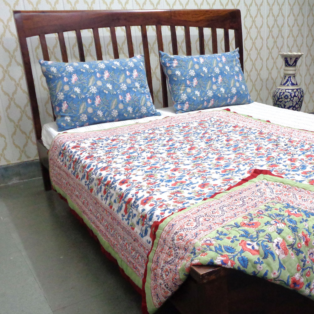 Hand Block Printed Cotton Twin Size Quilt Rukhsana Jade Gud 204222