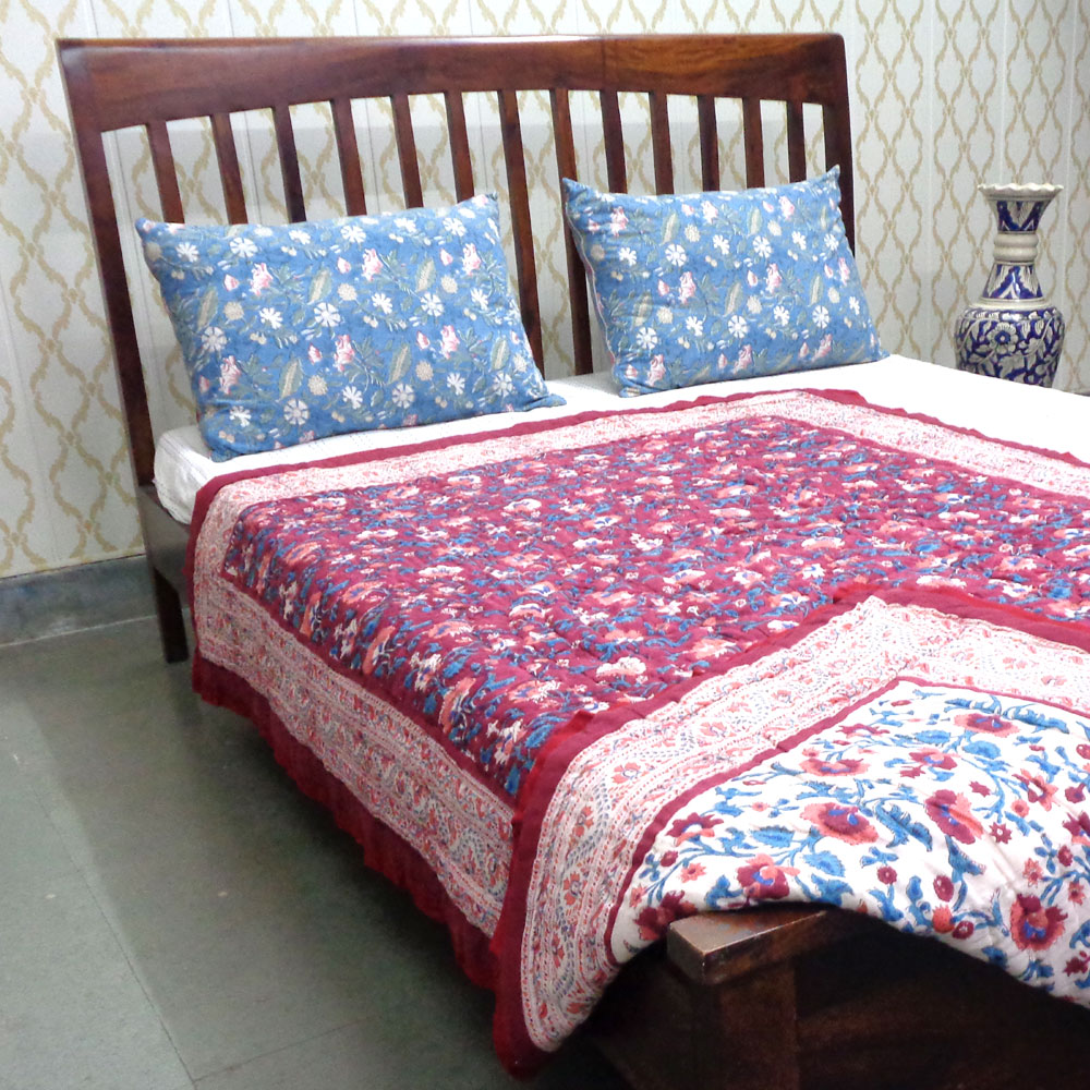 Hand Block Printed Cotton Twin Size Quilt Rukhsana Maroon Gud 105823