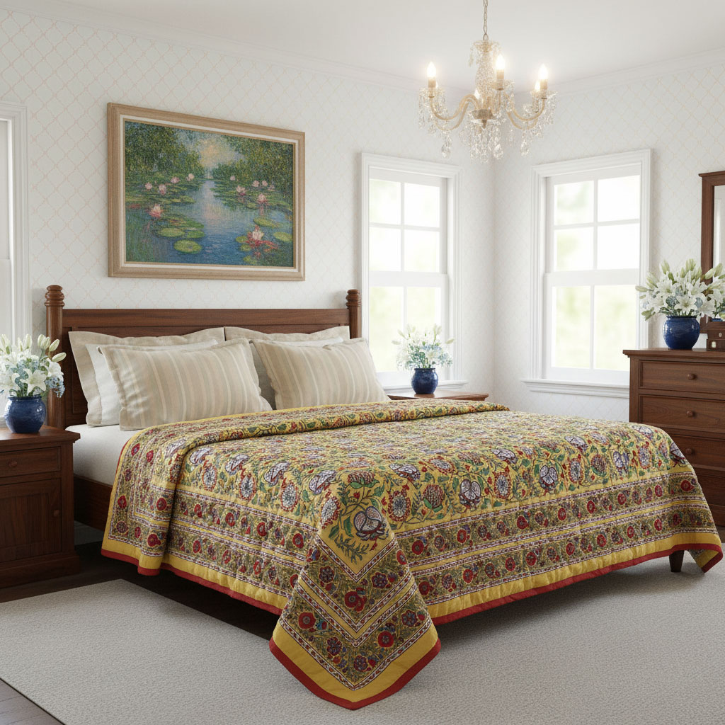 Hand Block Printed Cotton Twin Size Quilt Spring Yellow Garden 251206