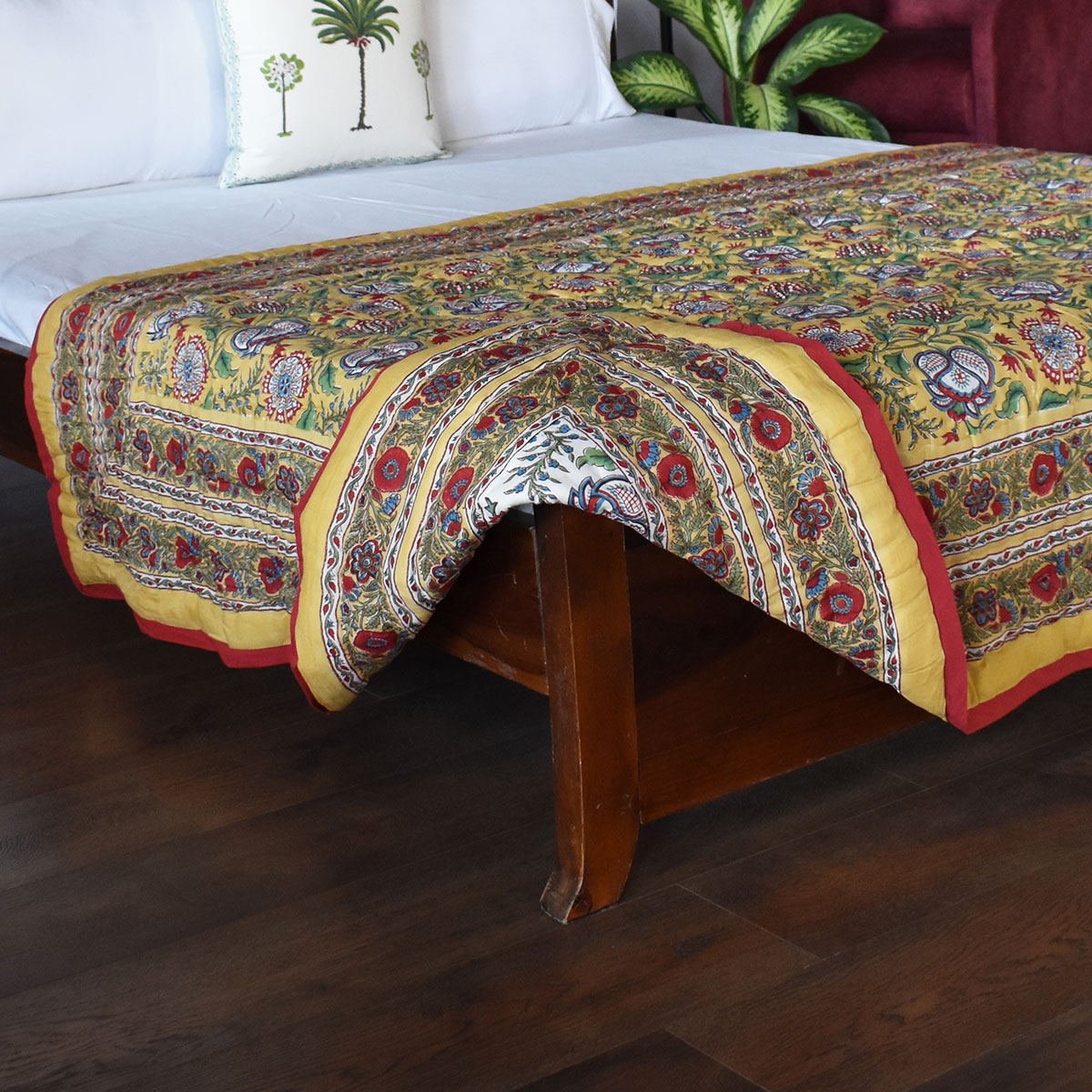 Hand Block Printed Cotton Twin Size Quilt Spring Yellow Garden 251206