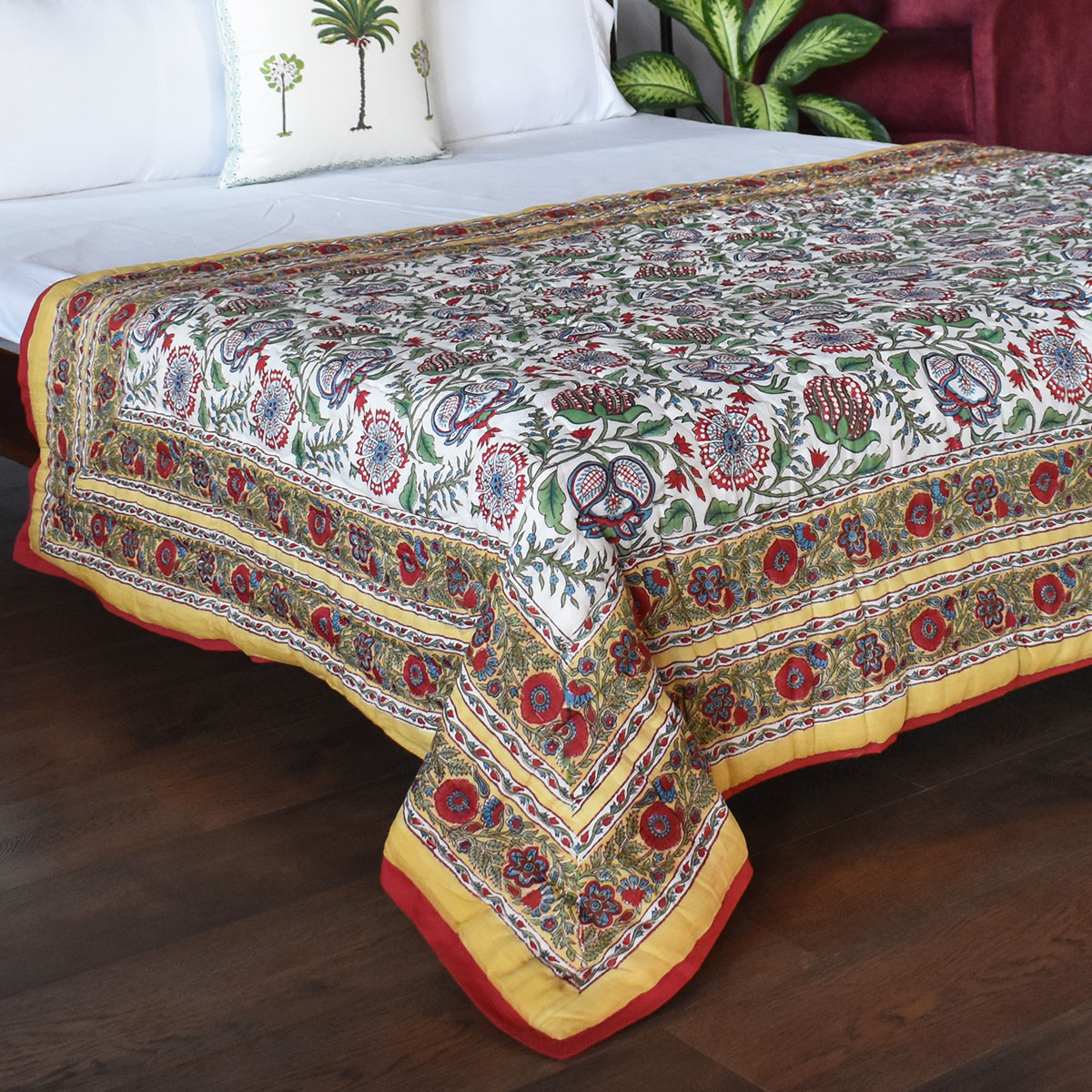 Hand Block Printed Cotton Twin Size Quilt  Spring Yellow Garden 251206