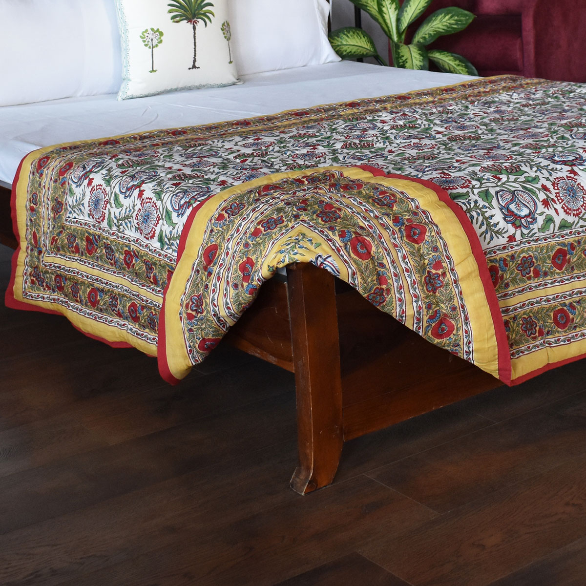 Hand Block Printed Cotton Twin Size Quilt  Spring Yellow Garden 251206