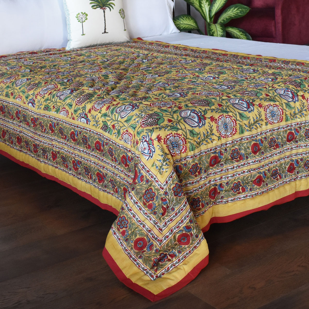 Hand Block Printed Cotton Twin Size Quilt Spring Yellow Garden 251206