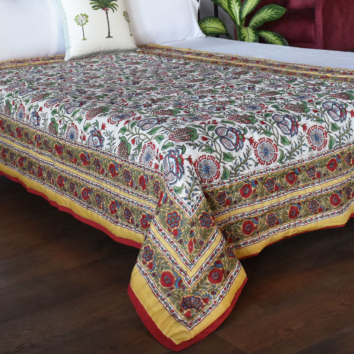 Hand Block Printed Cotton Twin Size Quilt Spring Yellow Garden 251206