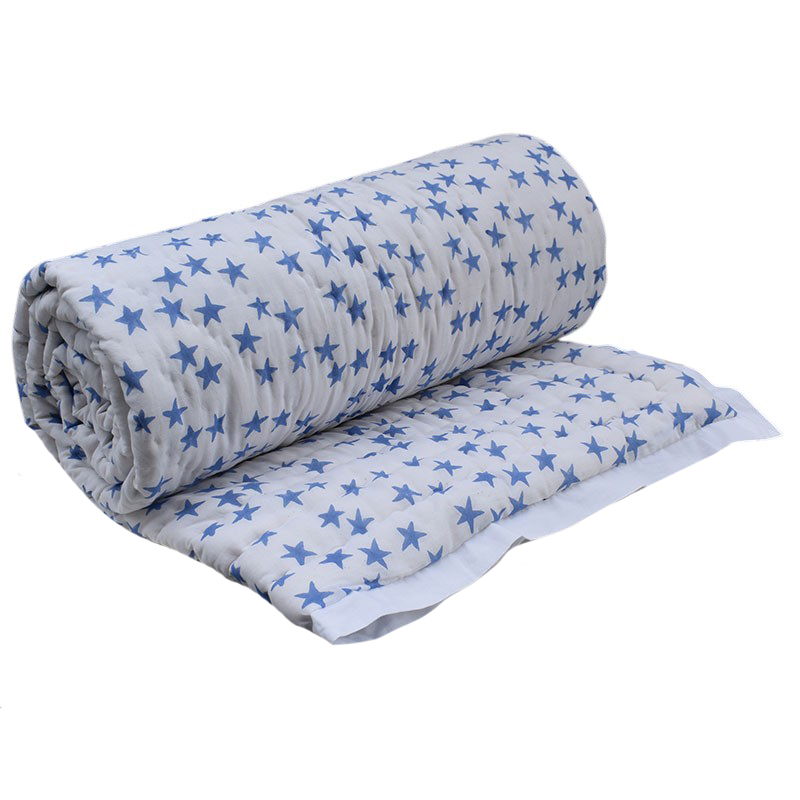 Hand Block Printed Cotton Twin Size Quilt Star Blue 202509