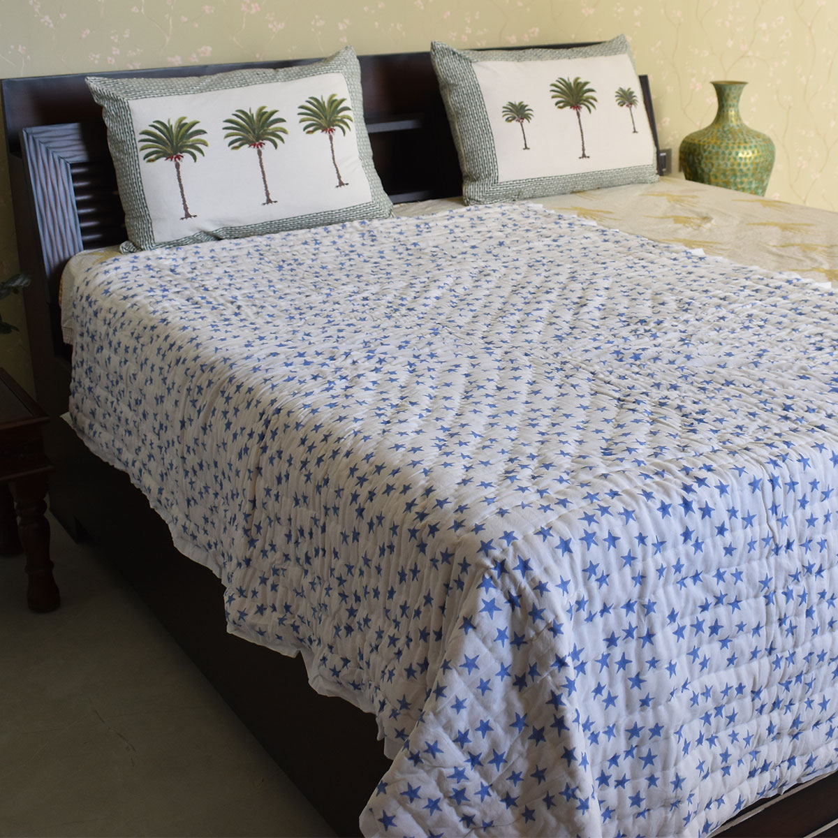 Hand Block Printed Cotton Twin Size Quilt Star Blue 202509