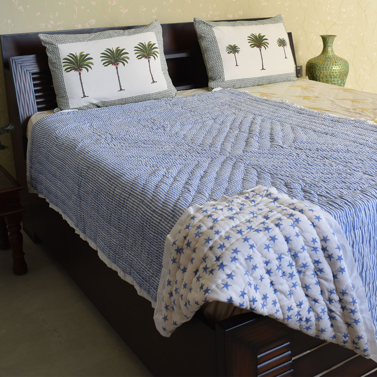 Hand Block Printed Cotton Twin Size Quilt Star Blue 202509