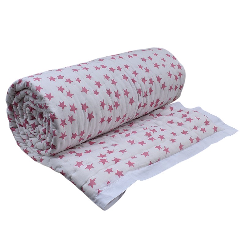 Hand Block Printed Cotton Twin Size Quilt Star Pink 202511