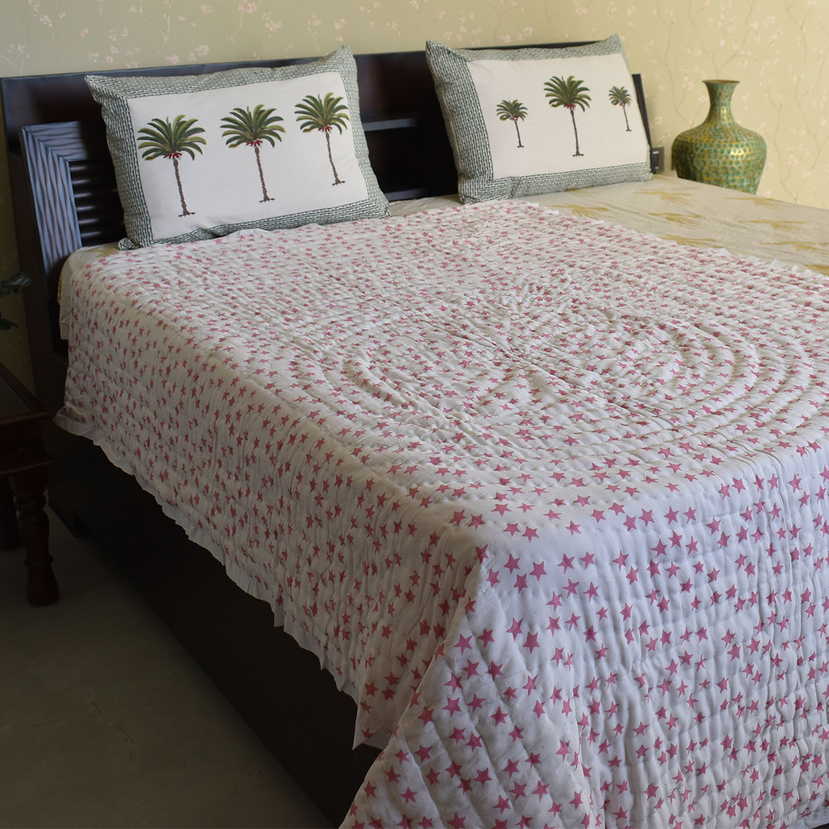 Hand Block Printed Cotton Twin Size Quilt Star Pink 202511