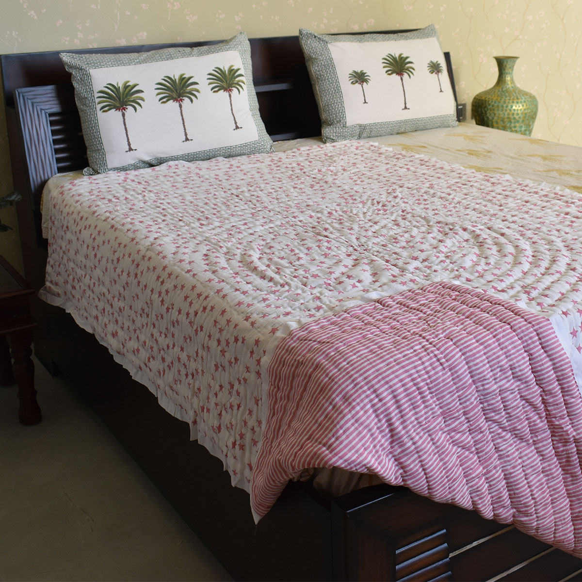 Hand Block Printed Cotton Twin Size Quilt Star Pink 202511