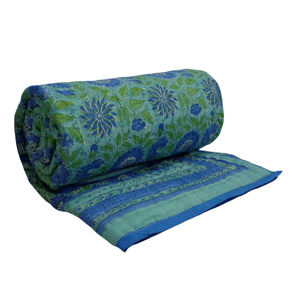 Hand Block Printed Twin Size Quilt Surajmukhi Blue 10240
