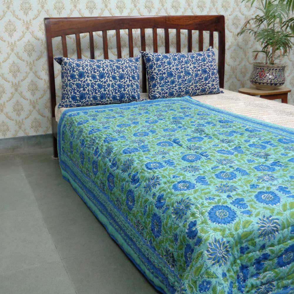 Hand Block Printed Twin Size Quilt Surajmukhi Blue 10240