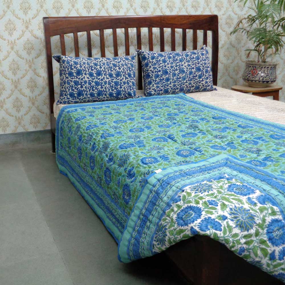 Hand Block Printed Twin Size Quilt Surajmukhi Blue 10240