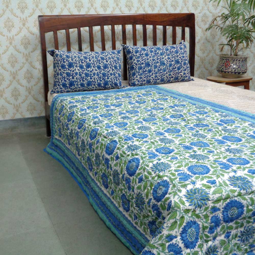 Hand Block Printed Twin Size Quilt Surajmukhi Blue 10240