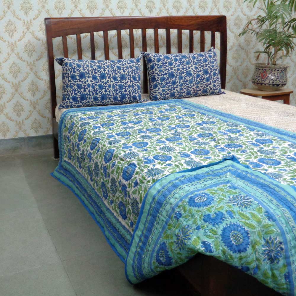 Hand Block Printed Twin Size Quilt Surajmukhi Blue 10240