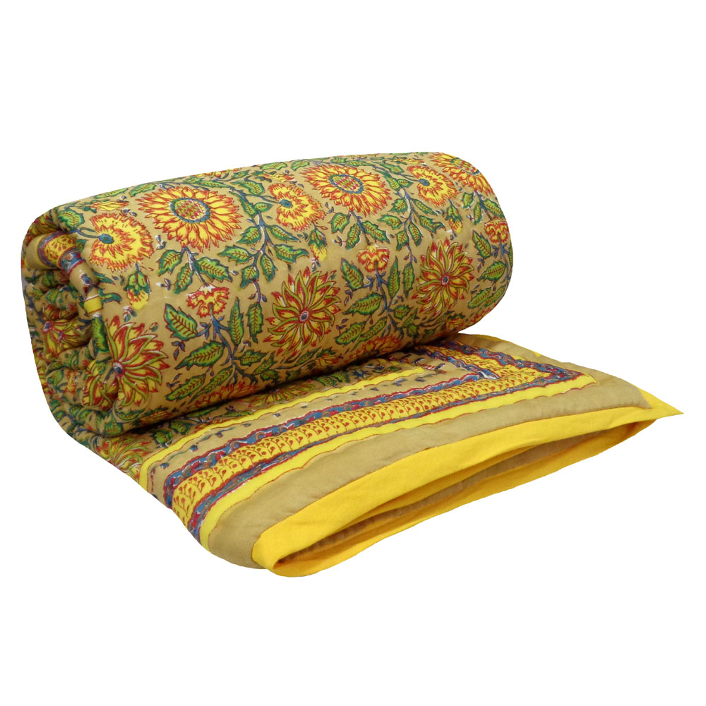 Hand Block Printed Cotton Twin Size Quilt Surajmukhi Canary Gud 102383