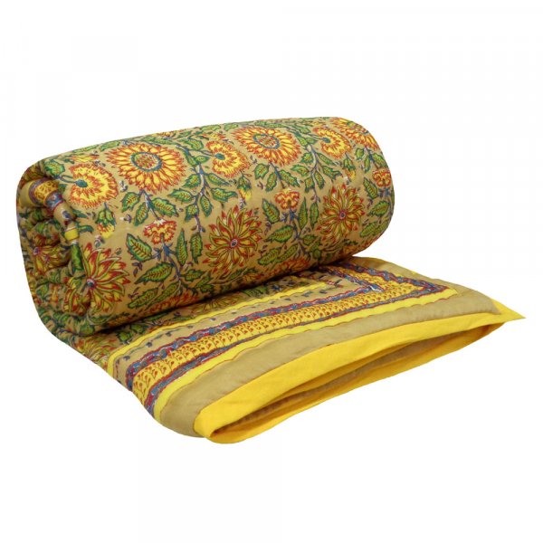 Image of Hand Block Printed Cotton Twin Size Quilt | Surajmukhi Canary Gud 102383