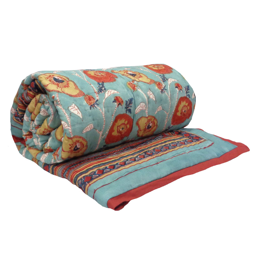 Hand Block Printed Twin Size Quilt Teal Flower 108549