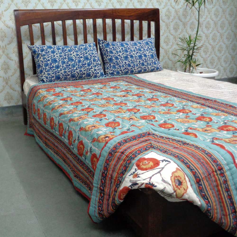 Hand Block Printed Twin Size Quilt Teal Flower 108549