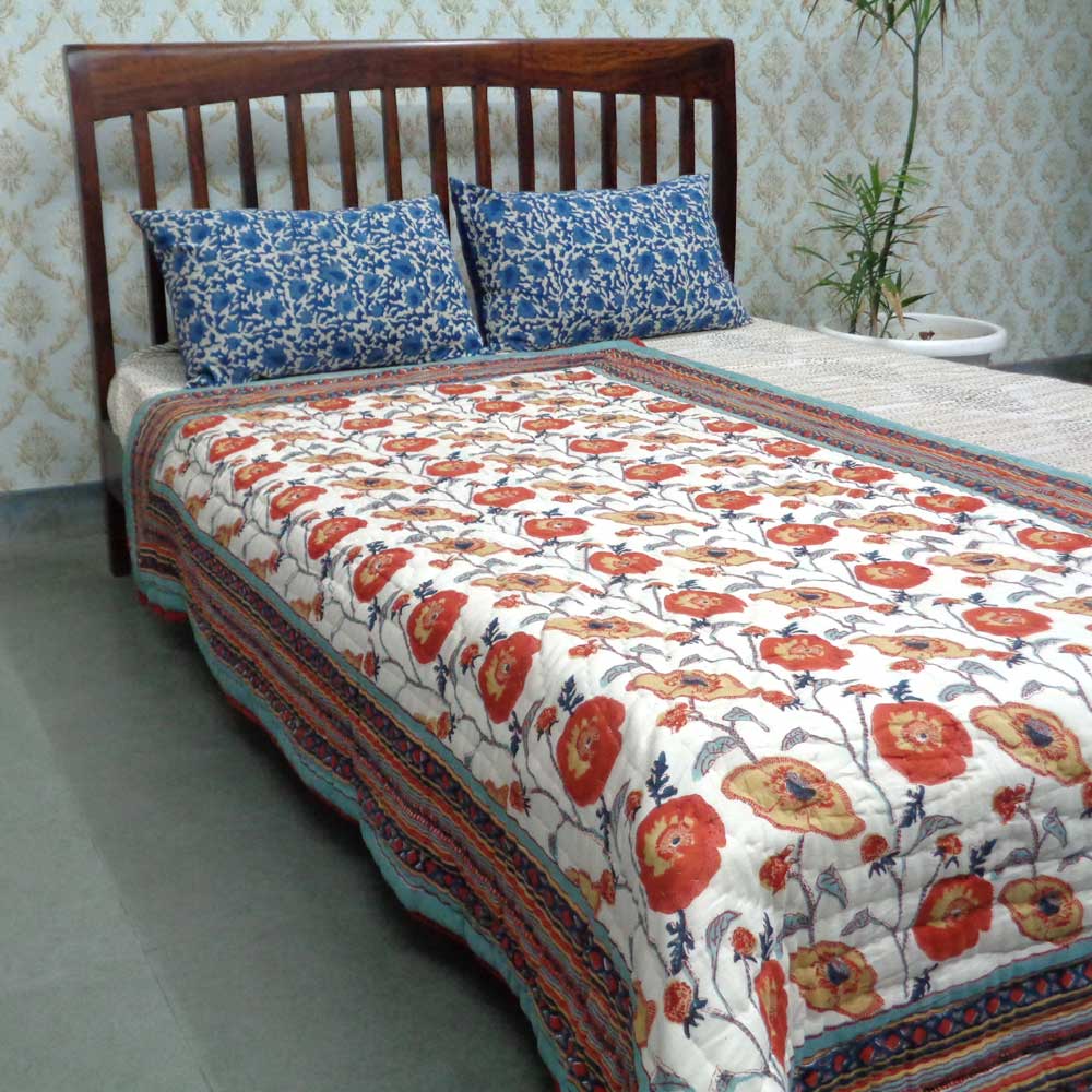 Hand Block Printed Twin Size Quilt Teal Flower 108549