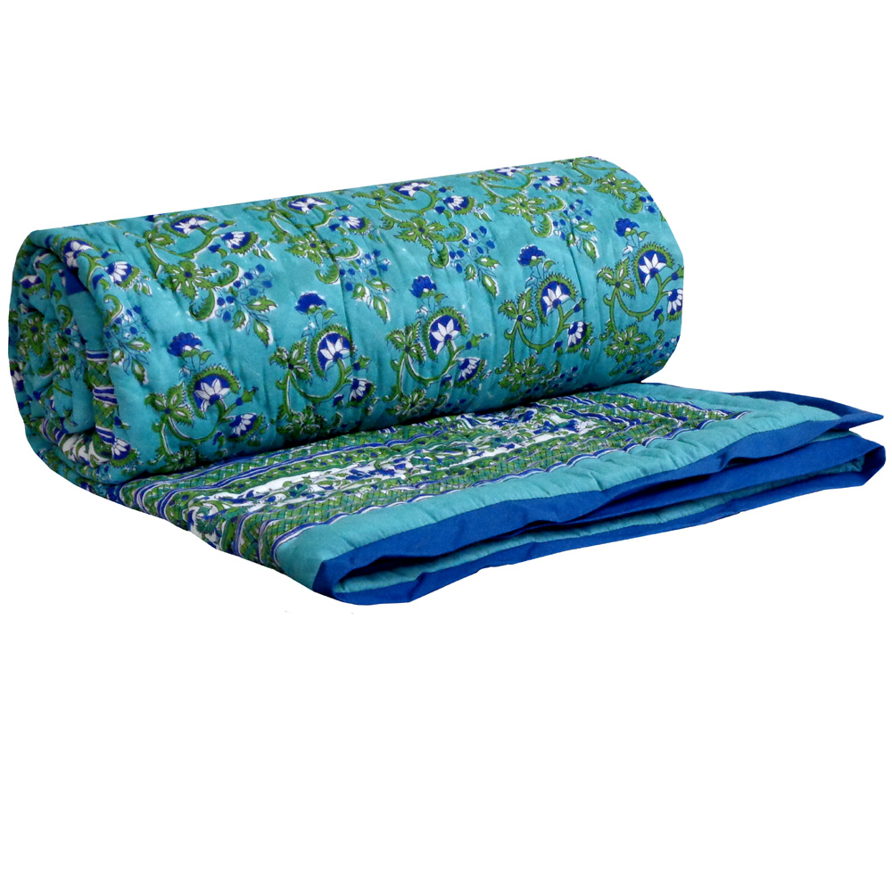 Hand Block Printed Cotton Twin Size Quilt Venus Crystal Blue 201381