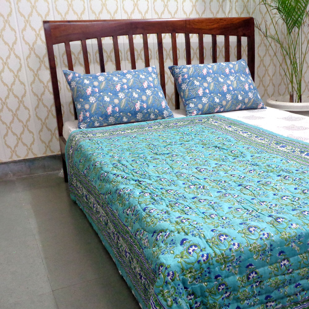 Hand Block Printed Cotton Twin Size Quilt Venus Crystal Blue 201381