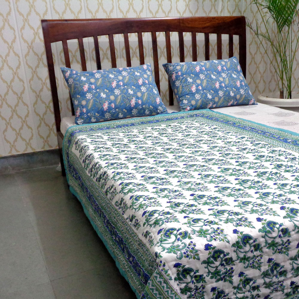 Hand Block Printed Cotton Twin Size Quilt Venus Crystal Blue 201381