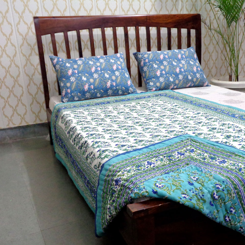 Hand Block Printed Cotton Twin Size Quilt Venus Crystal Blue 201381