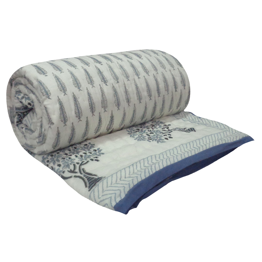 Hand Block Printed Cotton Twin Size Quilt Winter Fall Tree Grey 107195