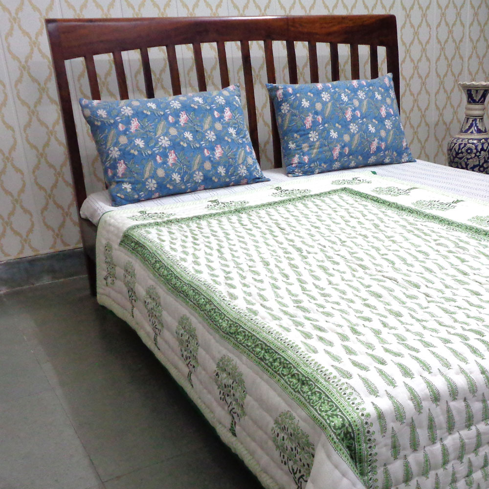 Hand Block Printed Cotton Twin Size Quilt  Winter Fall Tree Vineyard 302395