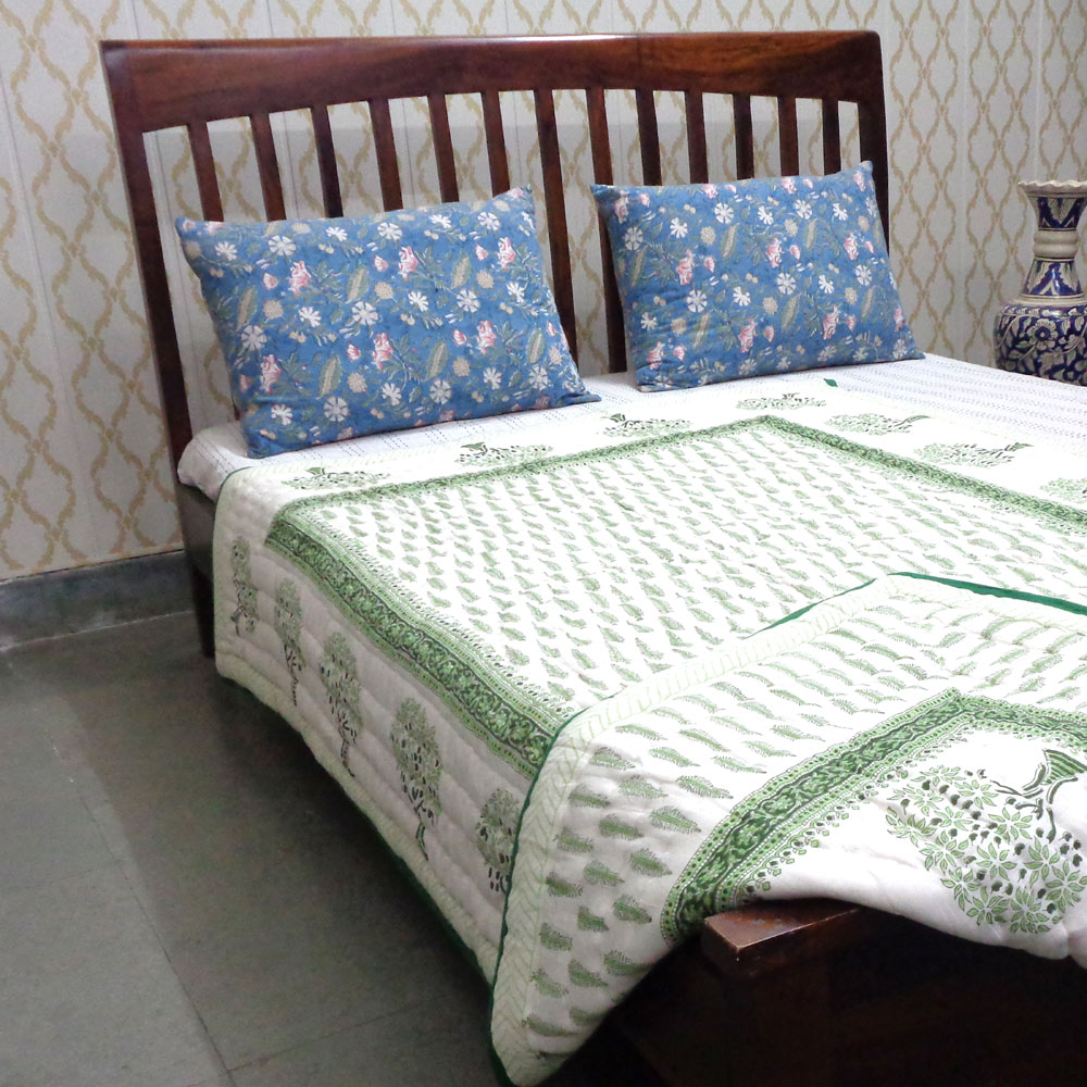 Hand Block Printed Cotton Twin Size Quilt  Winter Fall Tree Vineyard 302395