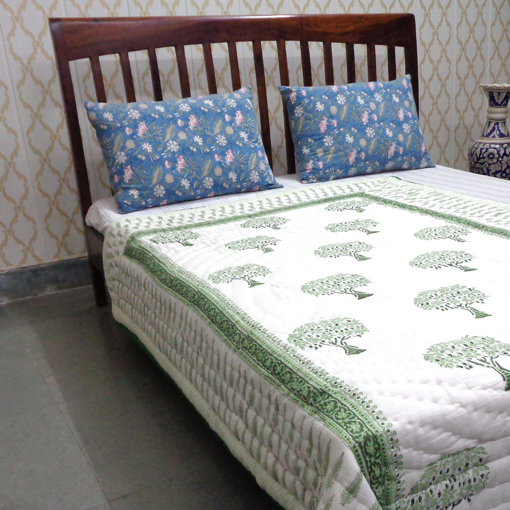 Hand Block Printed Cotton Twin Size Quilt  Winter Fall Tree Vineyard 302395