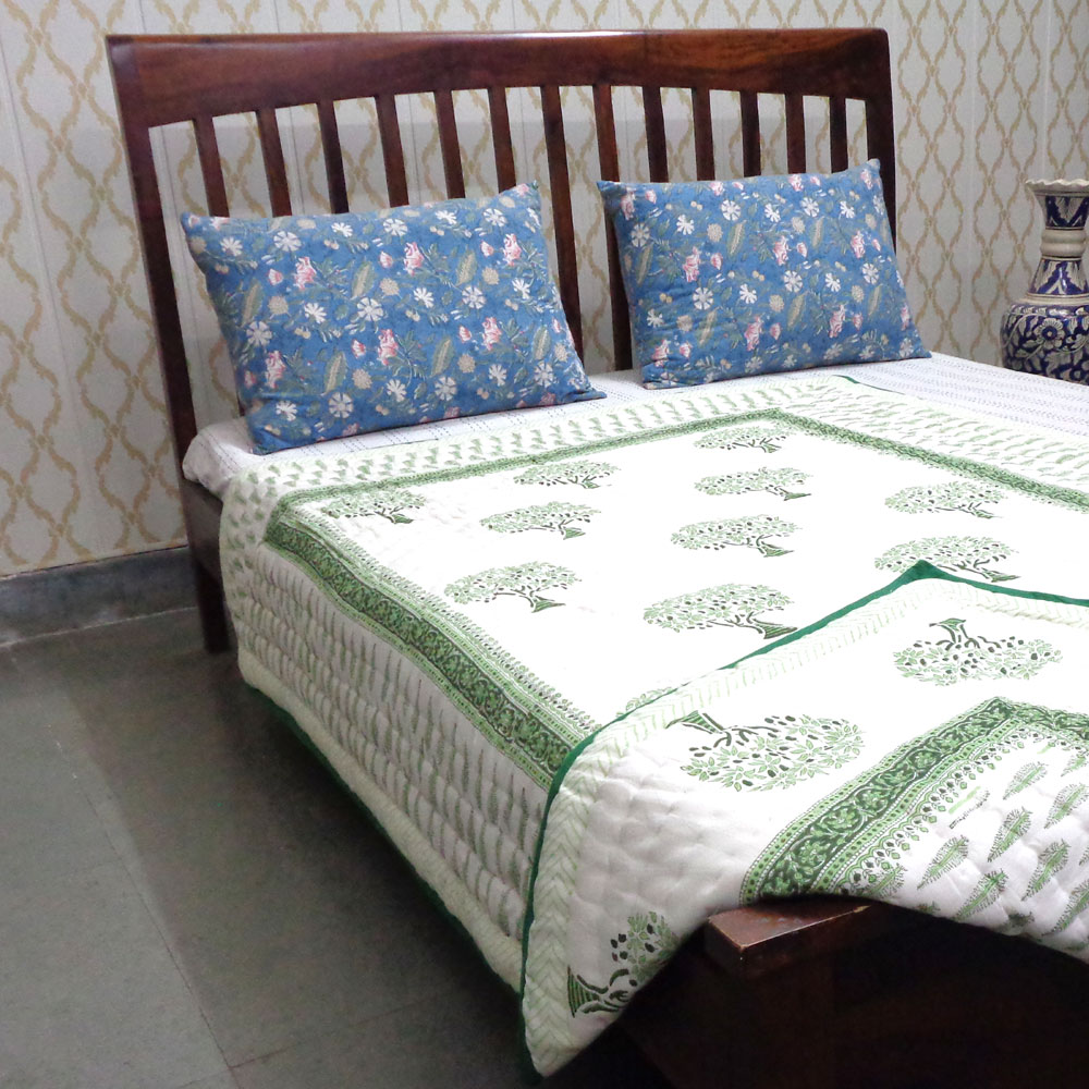 Hand Block Printed Cotton Twin Size Quilt  Winter Fall Tree Vineyard 302395