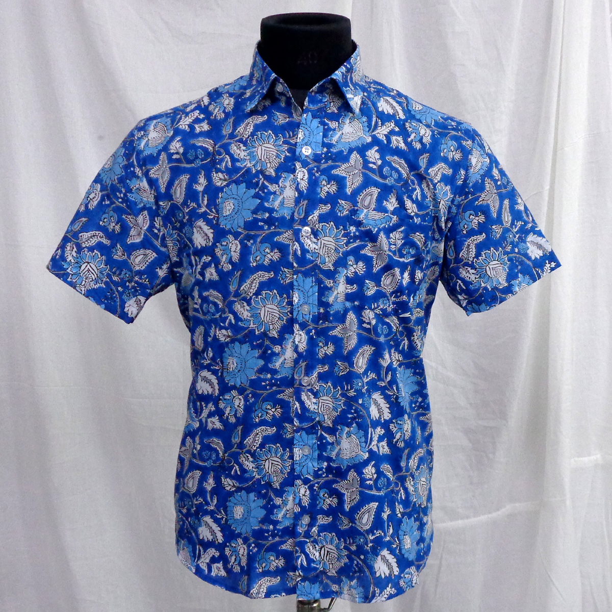 Hand Block Printed Mens Shirt Blue Flower 103499